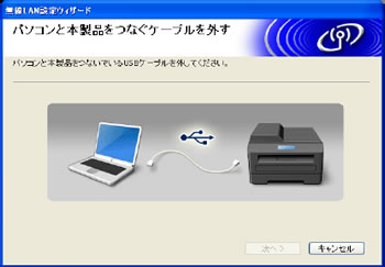 「パソコンと本製品をつなぐケーブルを外す」の画面 「パソコンと本製品をつなぐケーブルを外す」の画面